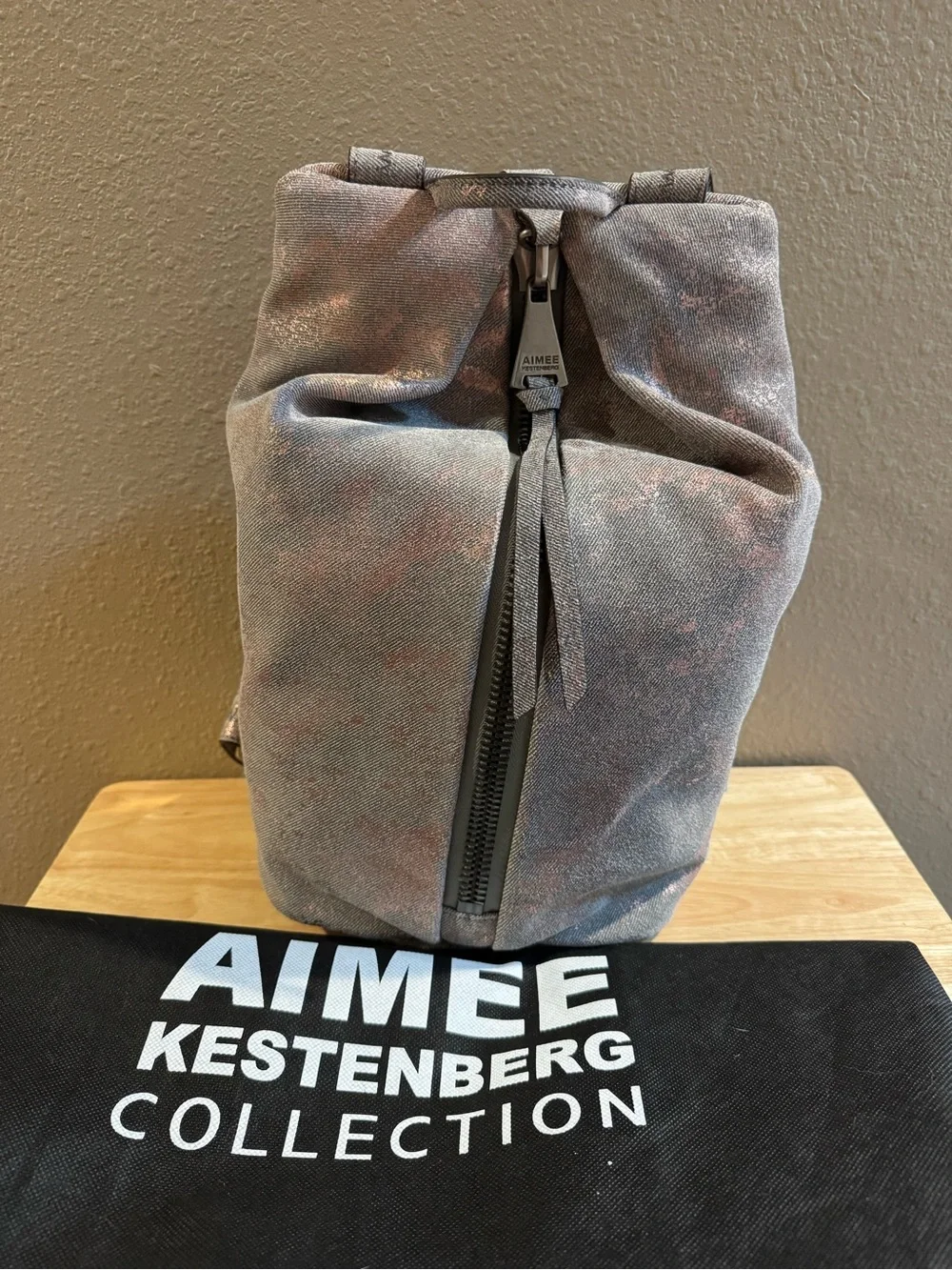 Aimee Kestenberg Metallic Rose Gold Leather Backpack with Center Zip